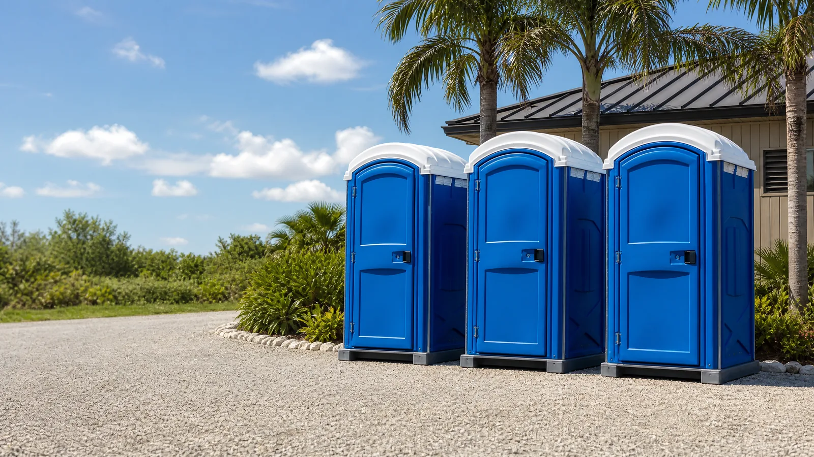 Clean portable restroom units prepared for rental planning in Cape Coral